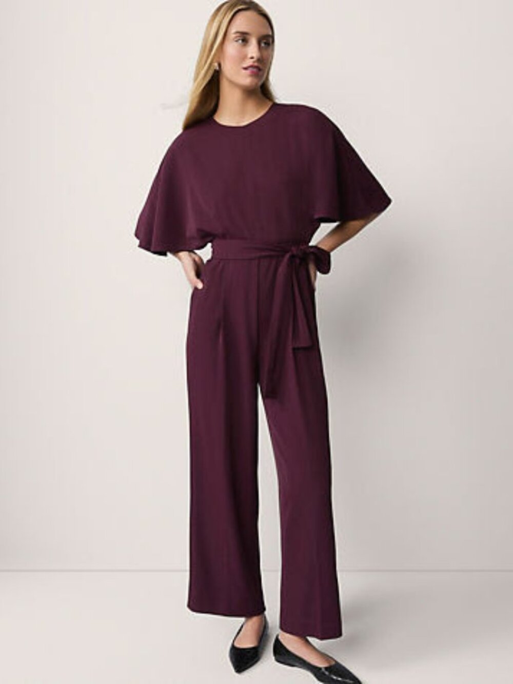 Ann Taylor Belted Crew Neck Jumpsuit - 8, Plum